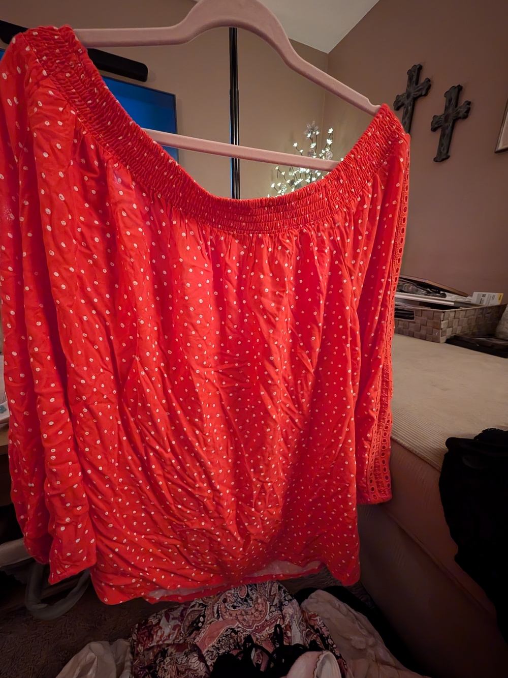Style & Co Red Dye Dots On/Off-The-Shoulder Blouse Red & White 3X Like New